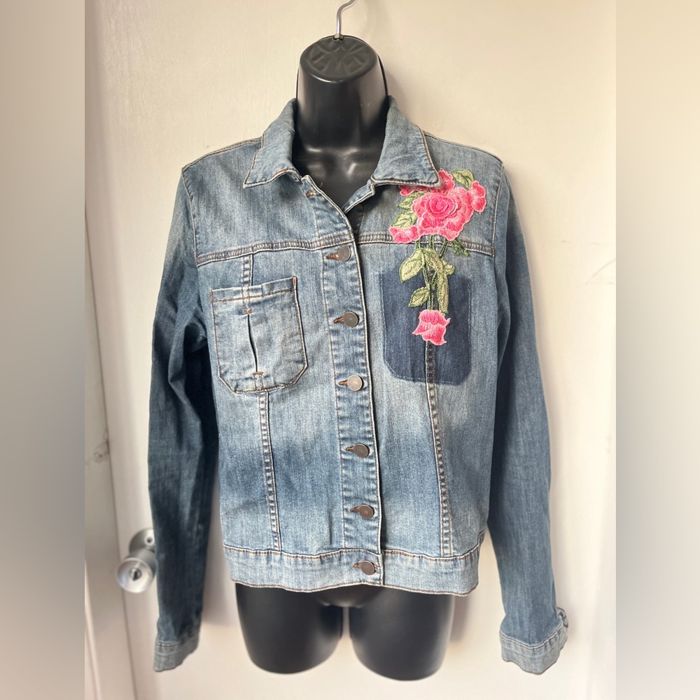 Kut from the Kloth Juko Denim Jacket Flower Embroidery sz L - Picture 3 of 16